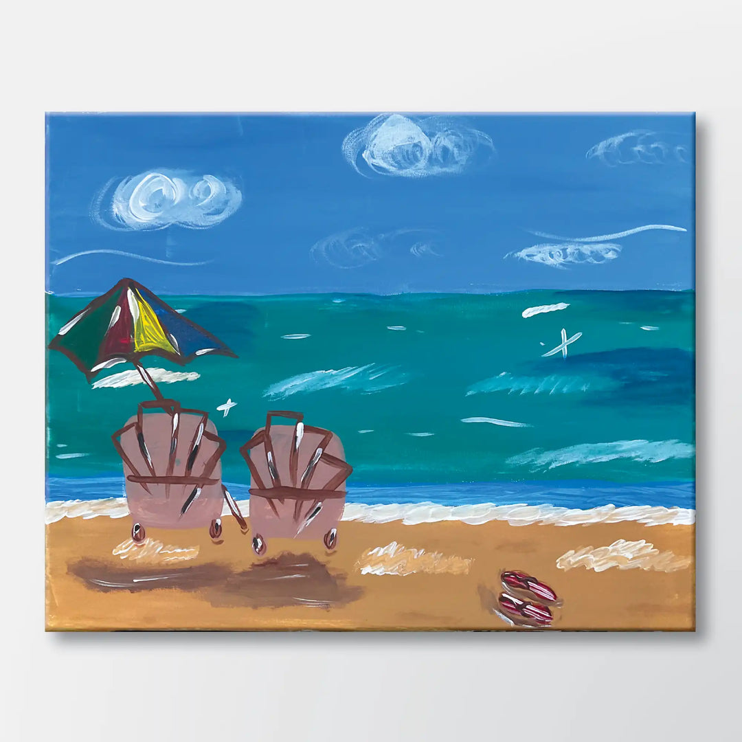 Seaside Escape painting kit featuring two beach chairs and a colorful umbrella - beginner paint-at-home project with canvas, paints, and video tutorial.