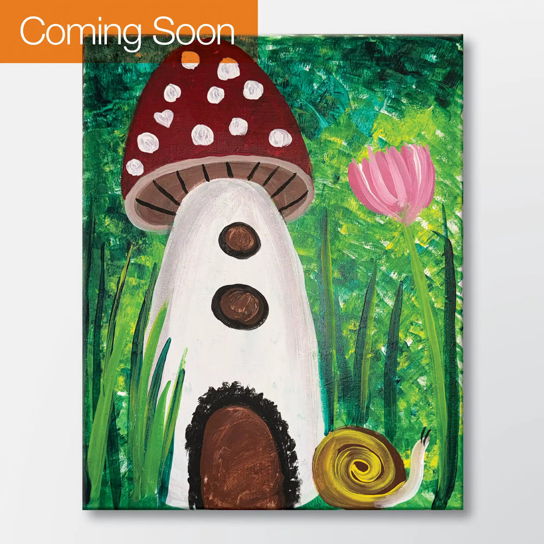Snail’s Cottage painting kit featuring a red mushroom cottage with snail – beginner paint-at-home project with canvas, paints, and video tutorial.
