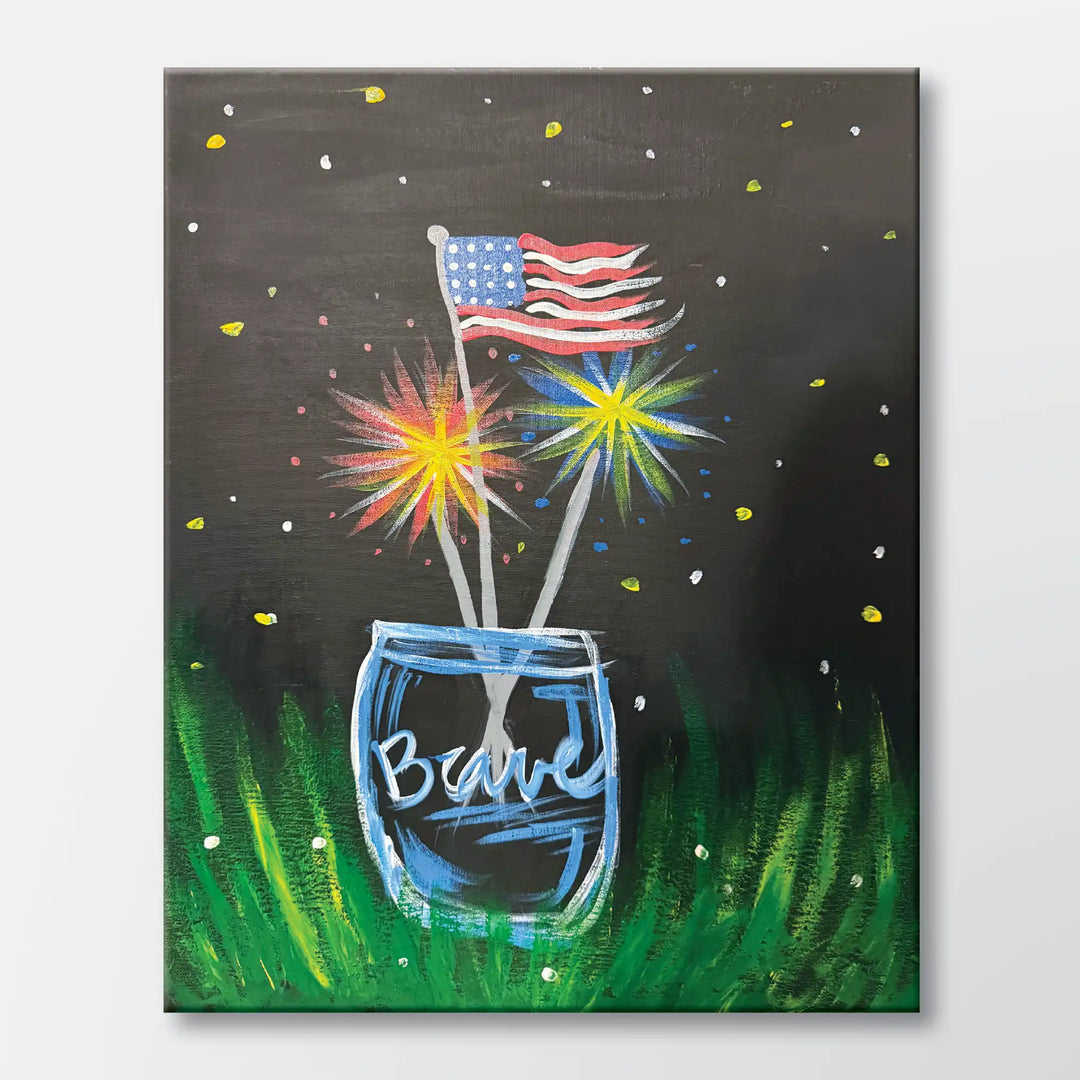 Stars and Sparks painting kit featuring a flag and sparklers in a glass jar - beginner paint-at-home project with canvas, paints, and video tutorial.