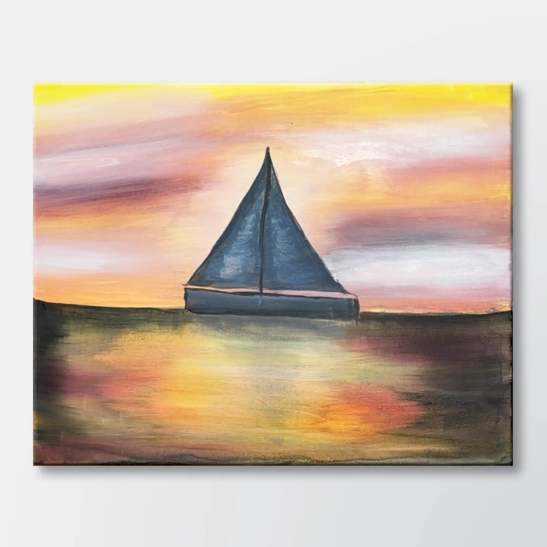 Sunset Sail painting kit featuring a sailboat on calm water at sunset with a glowing sky and soft reflections – beginner paint-at-home project with canvas, paints, and video tutorial. 