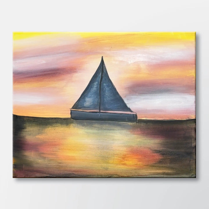 Sunset Sail painting kit featuring a sailboat on calm water at sunset with a glowing sky and soft reflections – beginner paint-at-home project with canvas, paints, and video tutorial. 