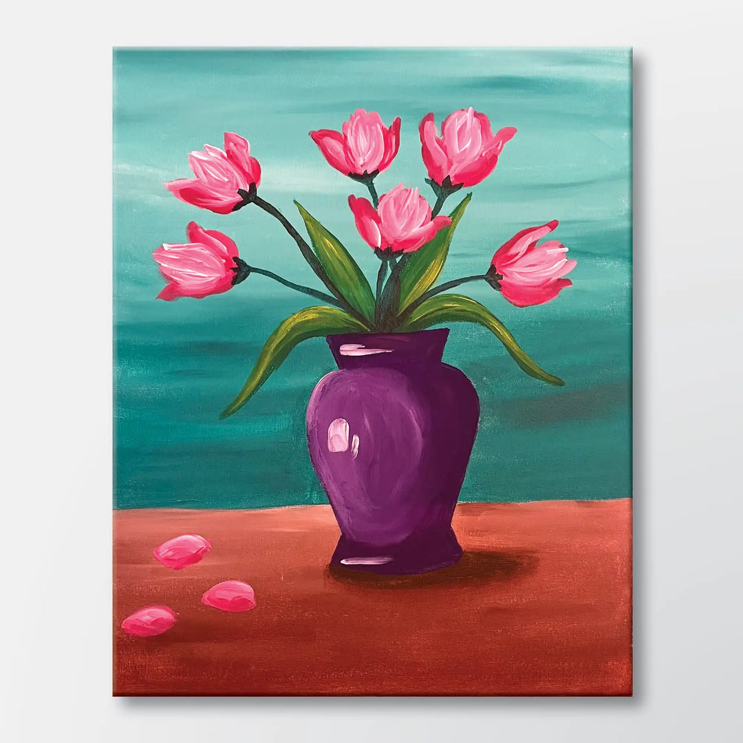 Vivid Tulips painting kit featuring pink tulips in a purple vase - beginner paint-at-home project with canvas, paints, and video tutorial.